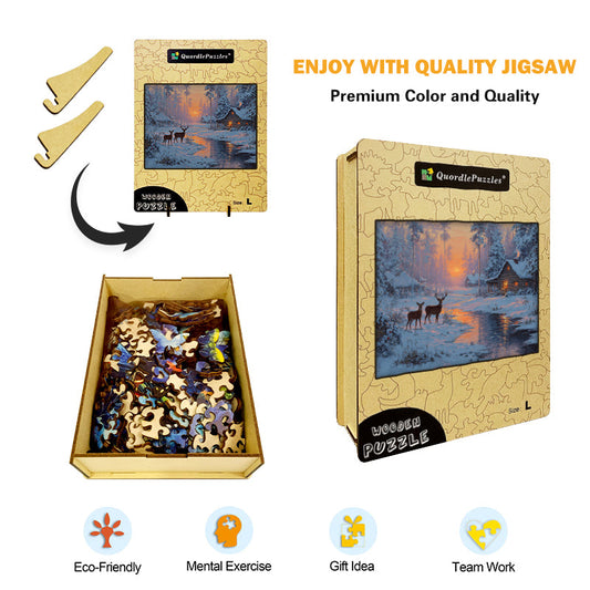 Sunset Cabin with Deer Wooden Jigsaw Puzzle