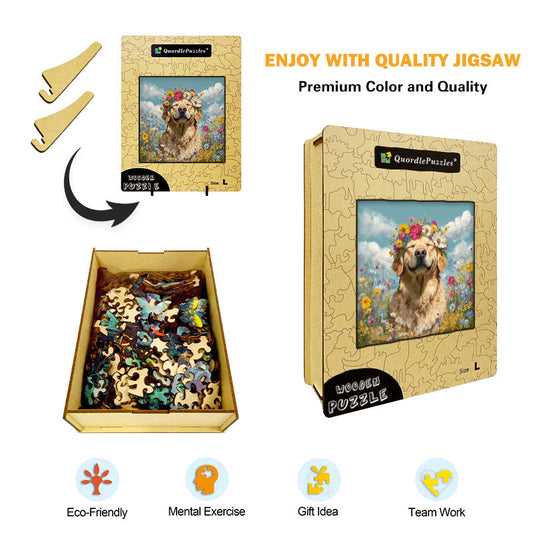 Floral Wreath Pup Joy Wooden Jigsaw Puzzle