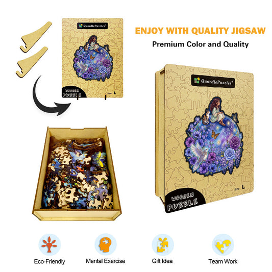 Mystical Whimsy Girl & Cat Wooden Puzzle