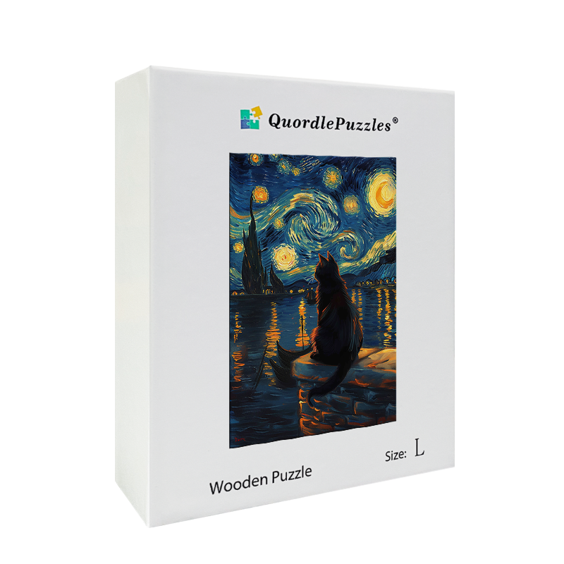 Dřevěné Puzzle Kočka pod Hvězdnou Nocí