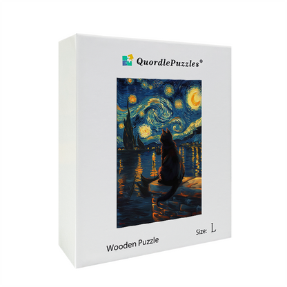Dřevěné Puzzle Kočka pod Hvězdnou Nocí