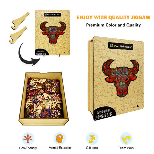Crimson Horned Bull Wooden Jigsaw Puzzle
