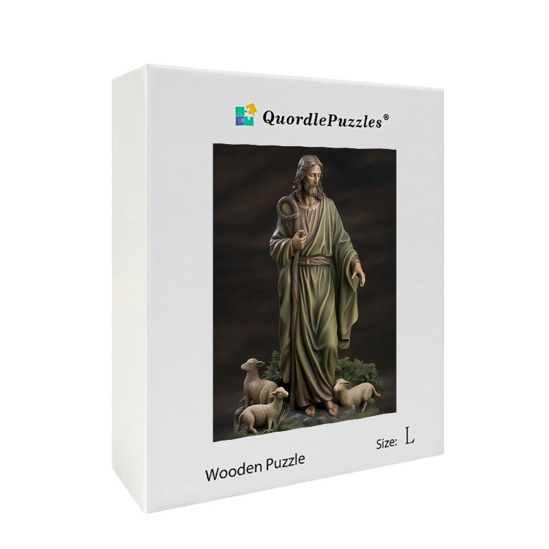 Jesus with Sheep Statue Wooden Jigsaw Puzzle