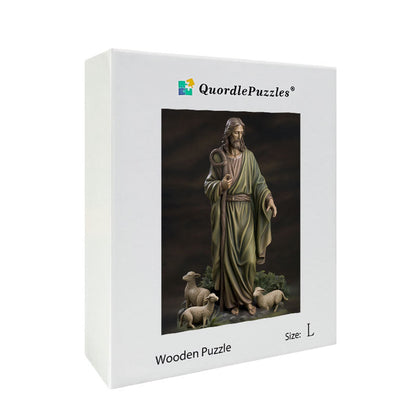 Jesus with Sheep Statue Wooden Jigsaw Puzzle