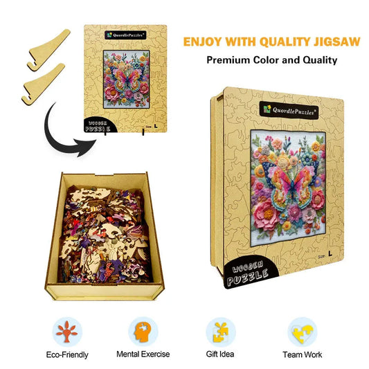 Embroidered Butterfly Garden Wooden Jigsaw Puzzle