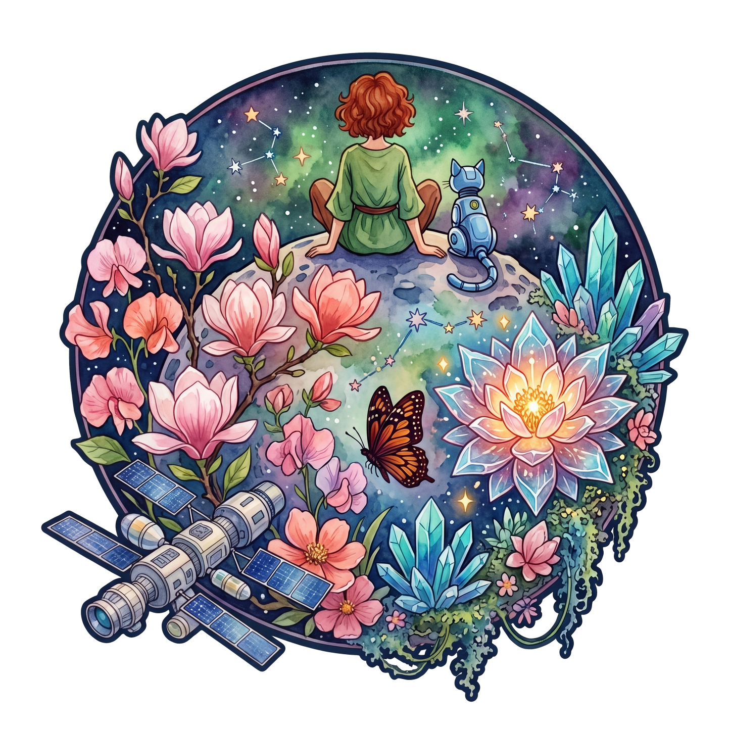 Cosmic Whimsy Girl & Robot Cat Wooden Puzzle