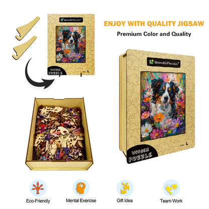 Border Collie in Flowers Wooden Jigsaw Puzzle