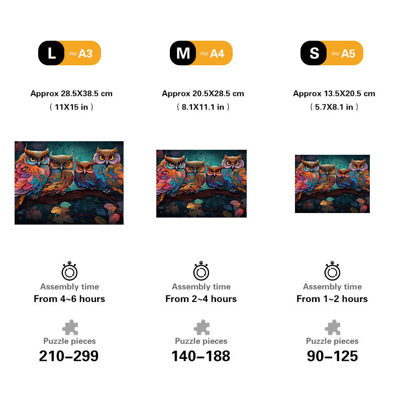 Colorful Owls in the Forest Wooden Jigsaw Puzzle