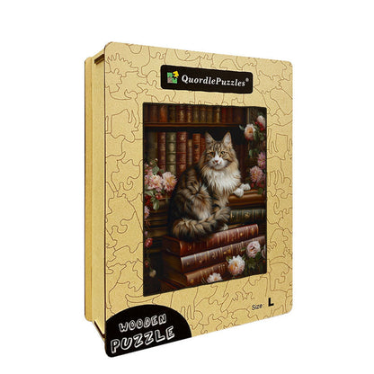 Majestic Cat on Books Wooden Jigsaw Puzzle