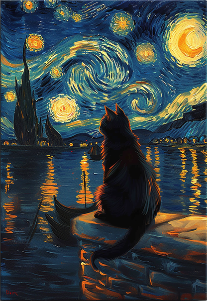 Dřevěné Puzzle Kočka pod Hvězdnou Nocí