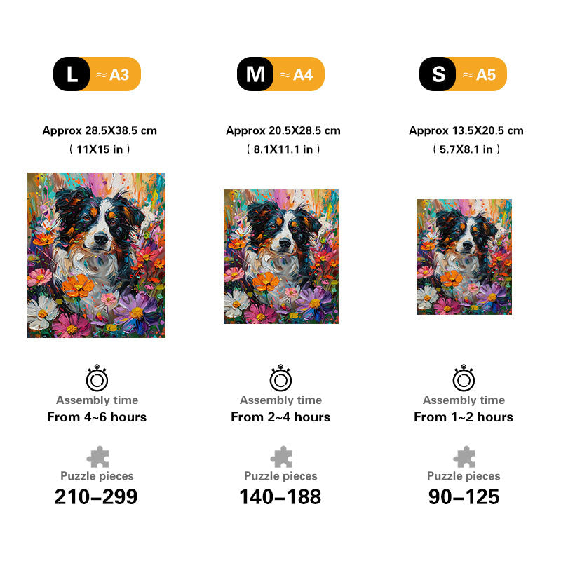 Border Collie in Flowers Wooden Jigsaw Puzzle