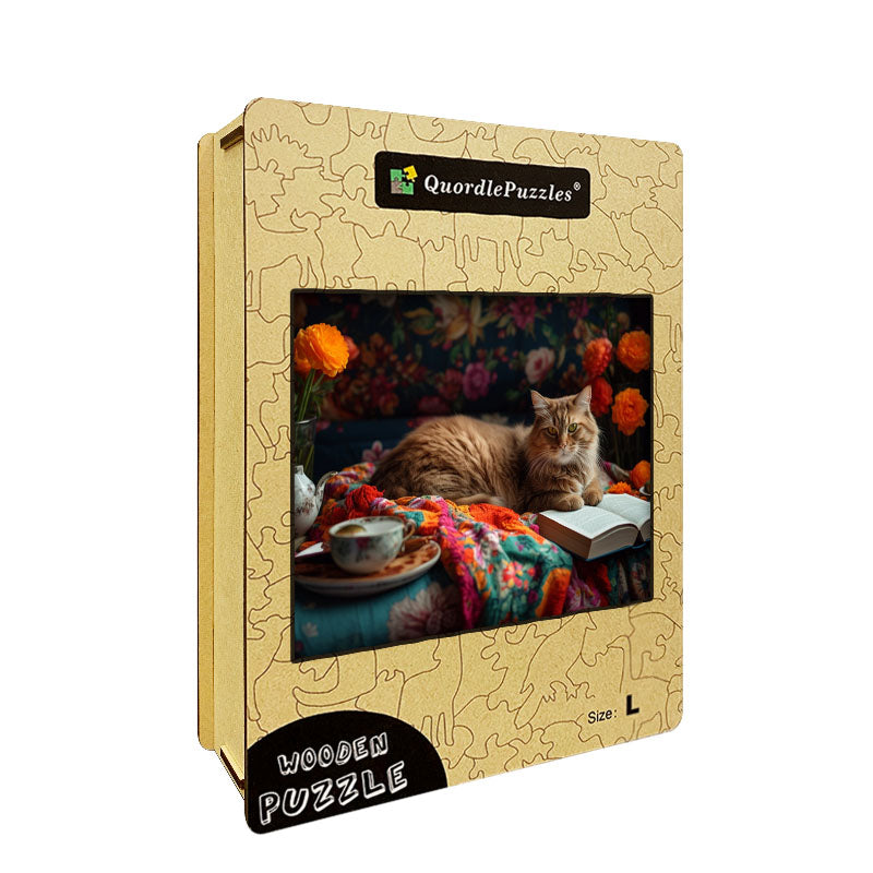 Cozy Cat on a Floral Blanket Wooden Jigsaw Puzzle