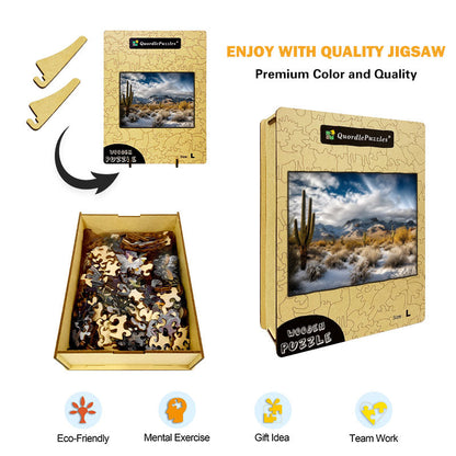 Snowy Desert Mountains with Cacti Wooden Jigsaw Puzzle