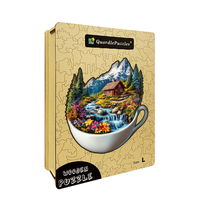 Mountain Cottage in a Cup Wooden Jigsaw Puzzle