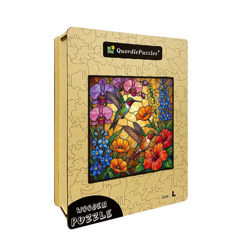 Golden Stained Glass Hummingbirds Wooden Jigsaw Puzzle