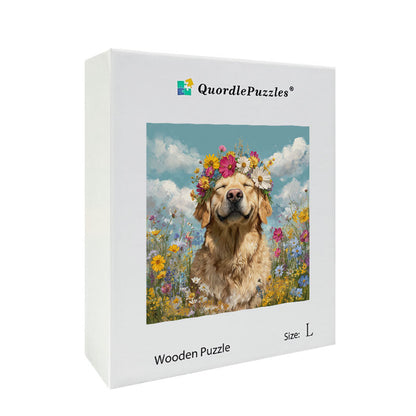 Floral Wreath Pup Joy Wooden Jigsaw Puzzle