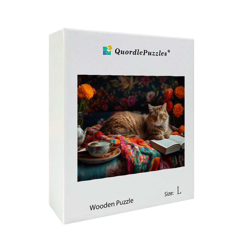 Cozy Cat on a Floral Blanket Wooden Jigsaw Puzzle