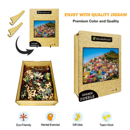 Colorful Seaside Village Wooden Jigsaw Puzzle