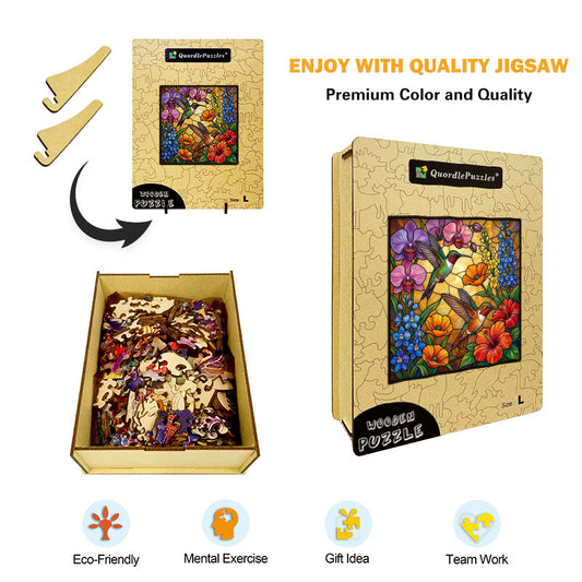 Golden Stained Glass Hummingbirds Wooden Jigsaw Puzzle