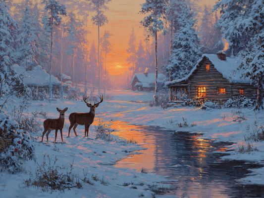Sunset Cabin with Deer Wooden Jigsaw Puzzle