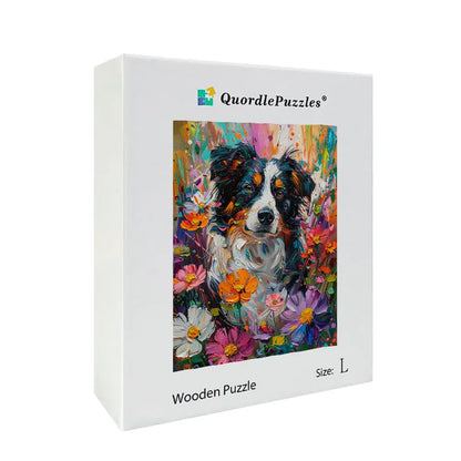 Border Collie in Flowers Wooden Jigsaw Puzzle
