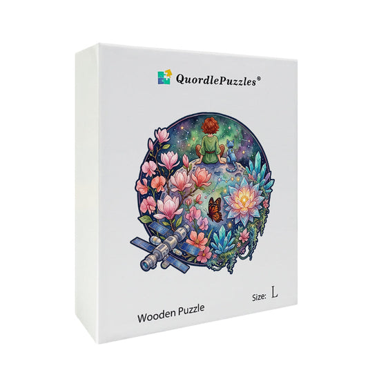 Cosmic Whimsy Girl & Robot Cat Wooden Puzzle