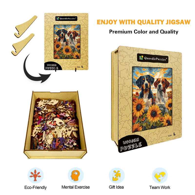 Dogs in Sunflowers Wooden Jigsaw Puzzle