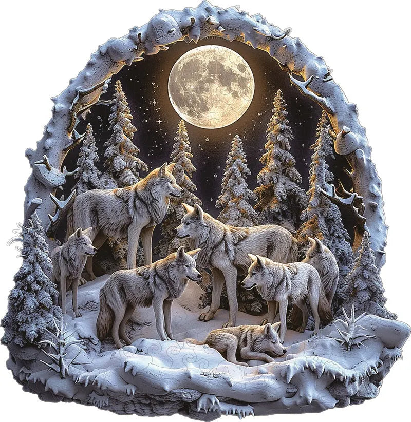 Wolf Pack in Snowy Moonlight Wooden Jigsaw Puzzle