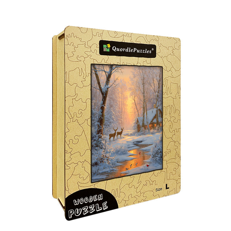 Sunset Winter Cabin Wooden Jigsaw Puzzle