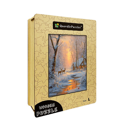 Sunset Winter Cabin Wooden Jigsaw Puzzle