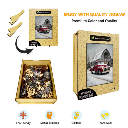 Red Truck Winter Wooden Jigsaw Puzzle