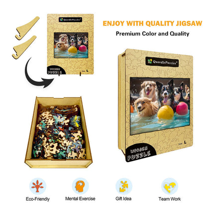 Playful Dogs in the Pool Wooden Jigsaw Puzzle