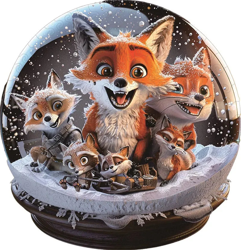 Fox Family in Snow Globe Wooden Jigsaw Puzzle
