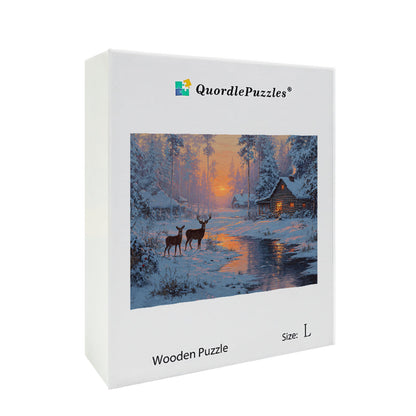 Sunset Cabin with Deer Wooden Jigsaw Puzzle