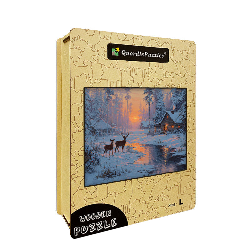 Sunset Cabin with Deer Wooden Jigsaw Puzzle