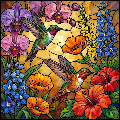 Golden Stained Glass Hummingbirds Wooden Jigsaw Puzzle