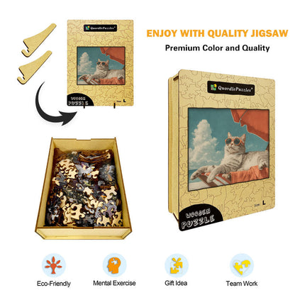 Beach Cat Relaxing Wooden Jigsaw Puzzle