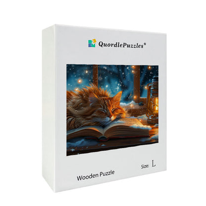 Cozy Cat on a Book Wooden Jigsaw Puzzle