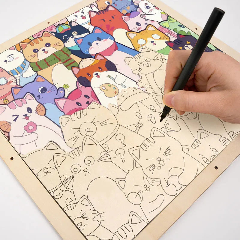 Whimsical Cats - Wooden Coloring Puzzle