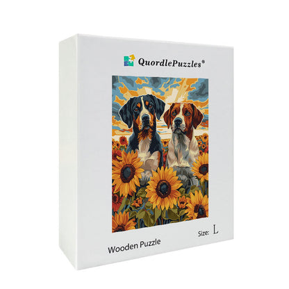 Dogs in Sunflowers Wooden Jigsaw Puzzle