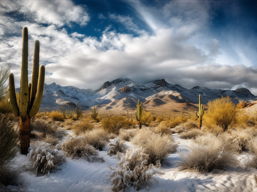 Snowy Desert Mountains with Cacti Wooden Jigsaw Puzzle