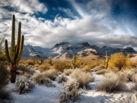 Snowy Desert Mountains with Cacti Wooden Jigsaw Puzzle