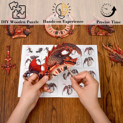 Dragon Flame Timepiece Wooden Clock Puzzle