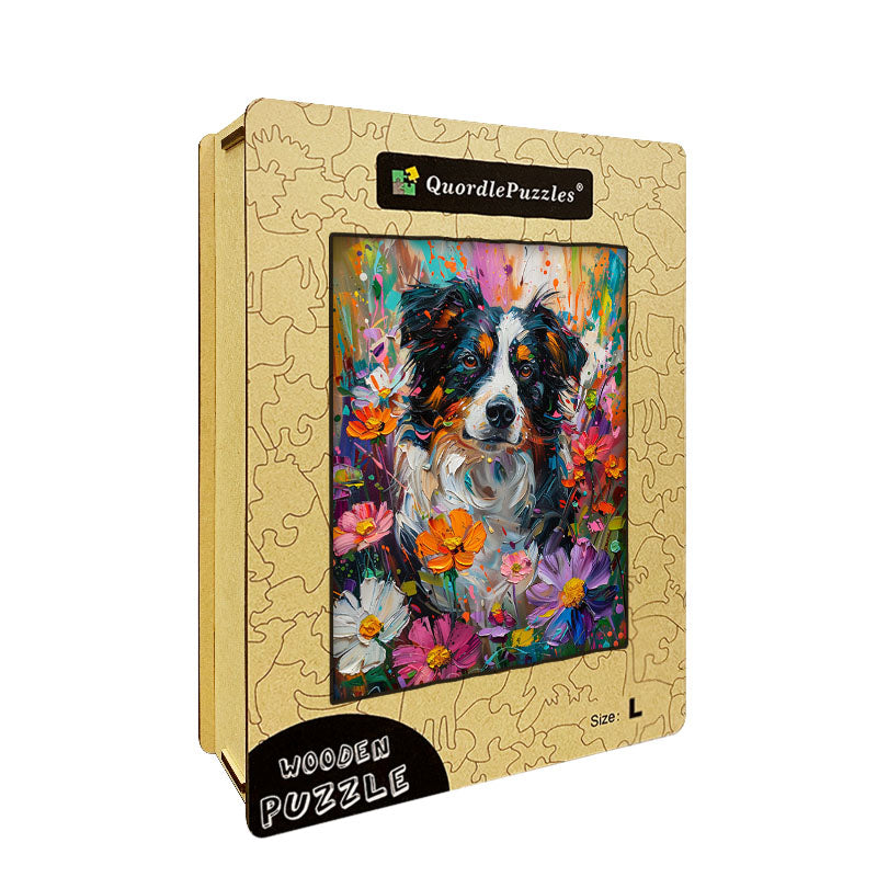 Border Collie in Flowers Wooden Jigsaw Puzzle