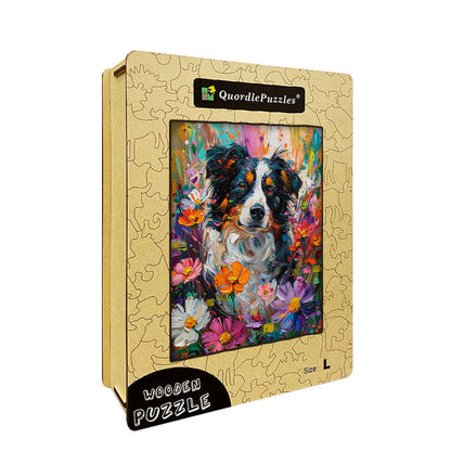 Border Collie in Flowers Wooden Jigsaw Puzzle