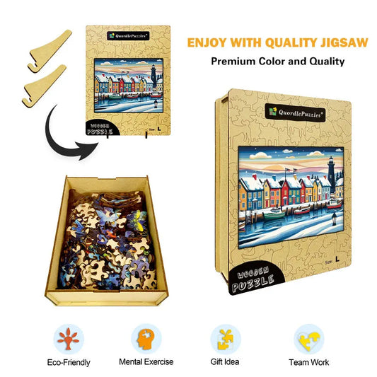 Winter Coastal Village Wooden Jigsaw Puzzle