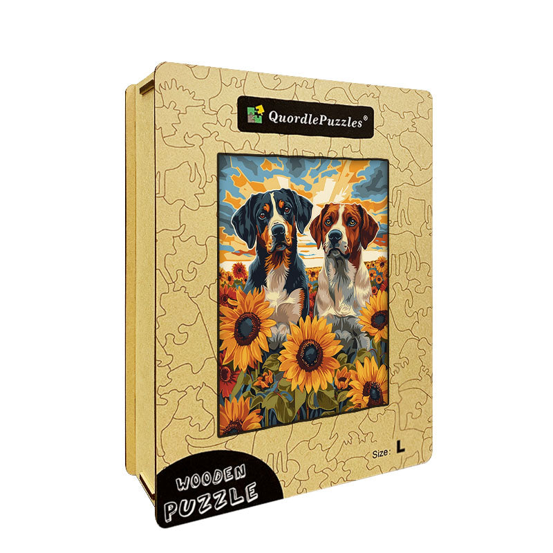 Dogs in Sunflowers Wooden Jigsaw Puzzle