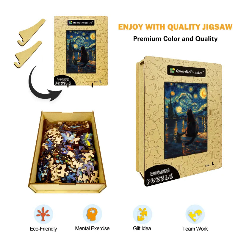 Dřevěné Puzzle Kočka pod Hvězdnou Nocí