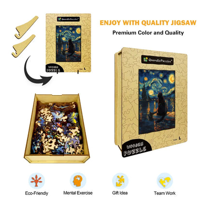 Dřevěné Puzzle Kočka pod Hvězdnou Nocí