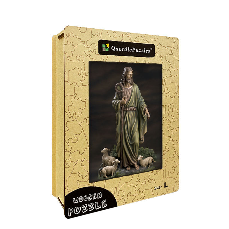 Jesus with Sheep Statue Wooden Jigsaw Puzzle